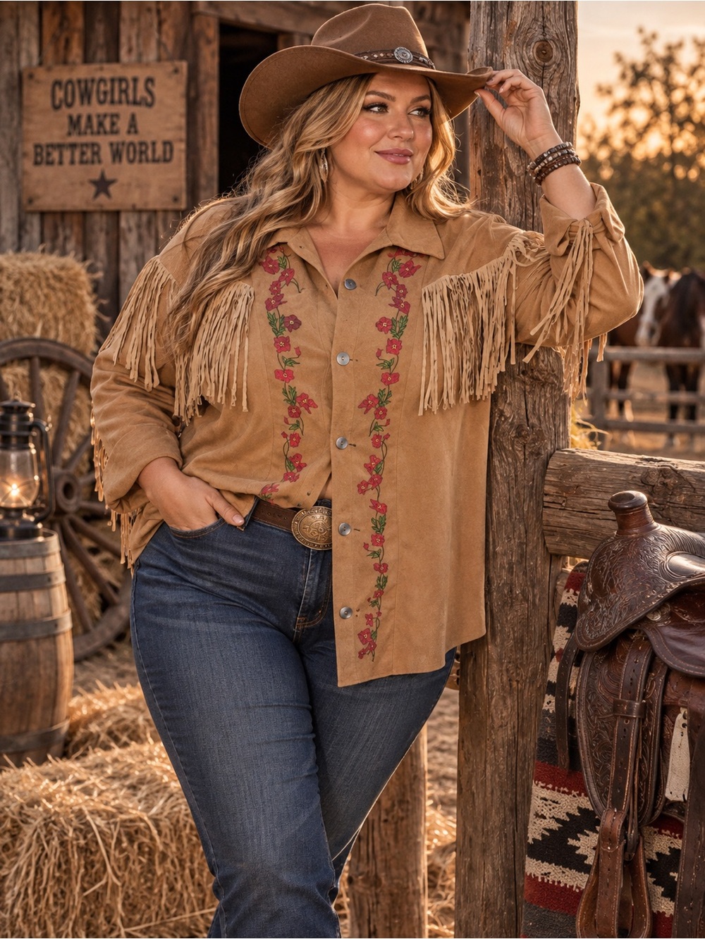 Fringe Suede Western Jacket with Floral Embroidery - Tan, size XXL